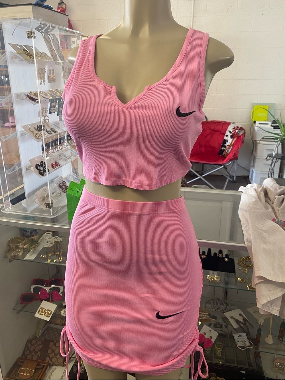 Nike Pink Ribbed Crop Tank & Mini Skirt Set